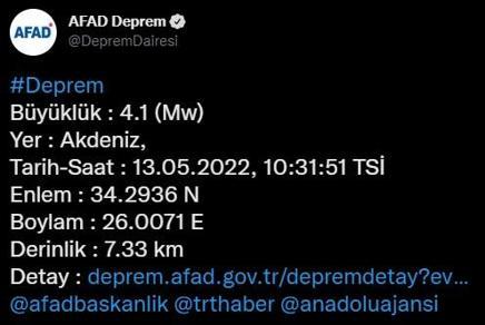 Girit Adası açıklarında 4.1 büyüklüğünde deprem