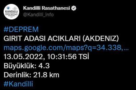 Girit Adası açıklarında 4.1 büyüklüğünde deprem