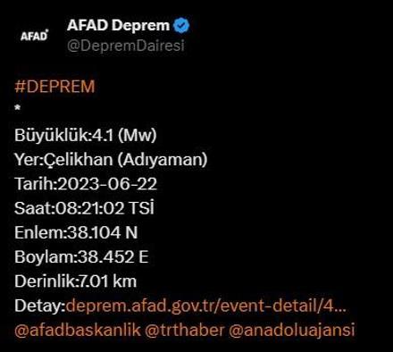 Adıyamanda 4.1 büyüklüğünde deprem