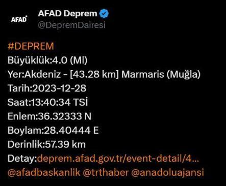 Muğlada korkutan deprem AFAD verileri paylaştı