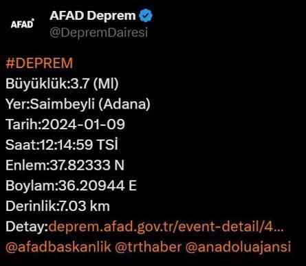 Adanada 3.7 büyüklüğünde deprem