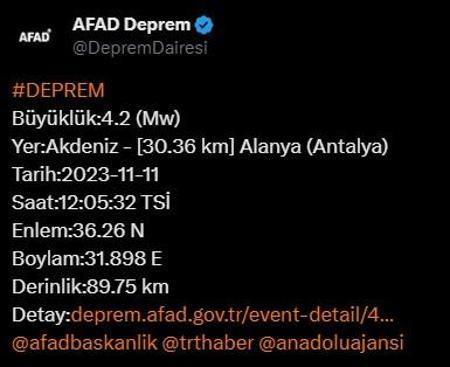 Antalya açıklarında 4.2 büyüklüğünde deprem