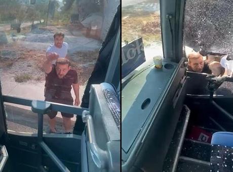 68492a79146b3dd168ff1cbf Turist otobüsüne saldırı kamerada: Şoföre taşla saldırdılar