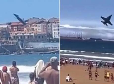 6888d2030e2c3c6ca8172226 Gösteri az kalsın faciayla bitecekti: Savaş uçağı plajdakilerin üstünden teğet geçti!