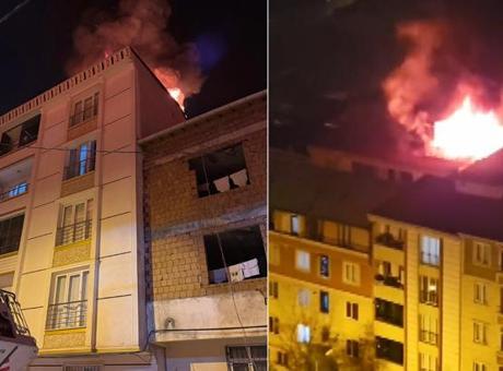 Esenyurt'ta 5 katlı binanın çatısı alev alev yandı