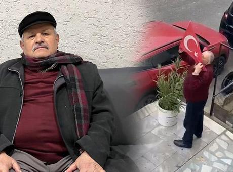 Soğuk havaya rağmen aşağı indi! Yerde bulduğu Türk bayrağını öperek astı