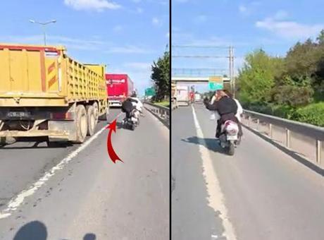 Ataşehir TEM’de motosiklet üstünde kavga! Kadını saçından çekti, kamyonun altında kalmaktan son anda kurtuldu