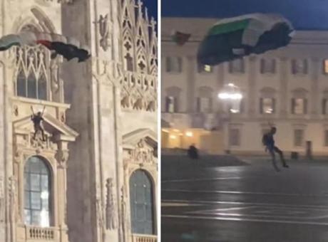 İtalya'daki tarihi katedralden Filistin bayrağı renklerindeki paraşütüyle atladı!