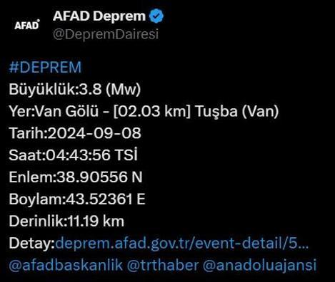 Vanda sabaha karşı 3.8 büyüklüğünde deprem