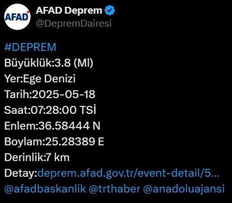 Ege Denizinde 3.8 büyüklüğünde deprem