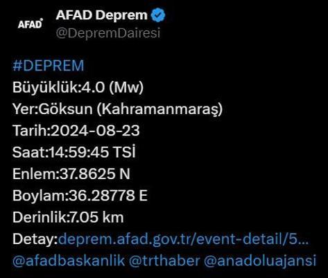 Kahramanmaraşta 4 büyüklüğünde deprem