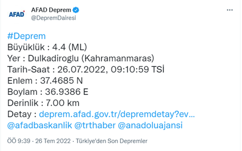 Kahramanmaraşta korkutan deprem
