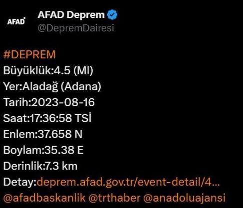 Adanada 4.5 büyüklüğünde deprem