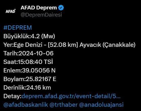 Çanakkale açıklarında 4.2 büyüklüğünde deprem