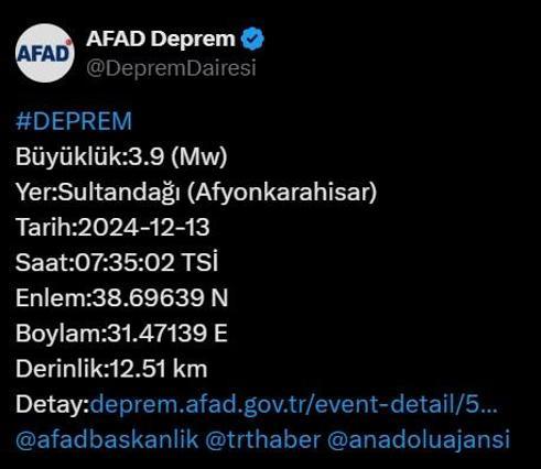 Afyonkarahisarda 3.9 büyüklüğünde deprem AFAD ve Kandilliden açıklama