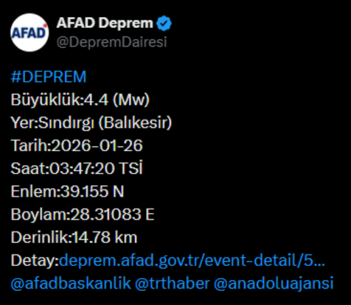 Balıkesirde 4.4 büyüklüğünde deprem AFADdan açıklama