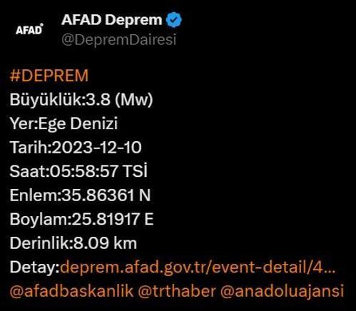 Ege Denizindeki deprem sonrası AFADdan açıklama
