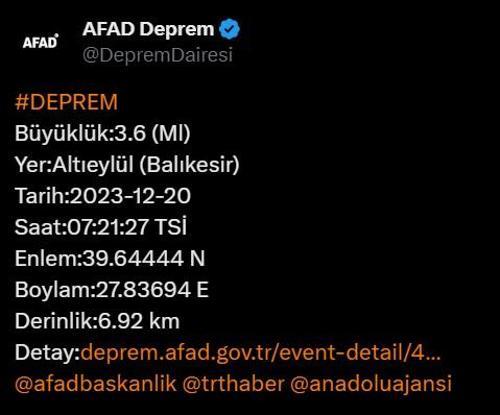 Bir deprem de Balıkesirde yaşandı AFAD verileri paylaştı