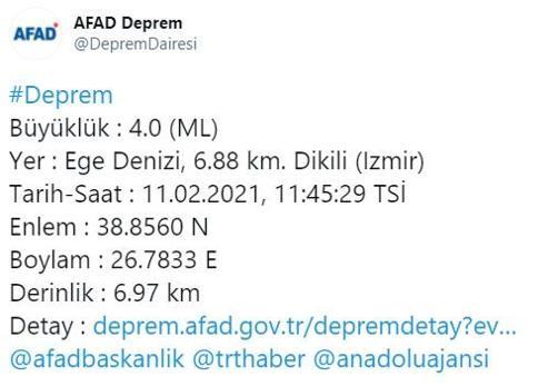 Son dakika... İzmirin Dikili ilçesinde 4.0 büyüklüğünde deprem