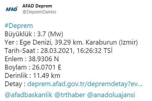 Son dakika... İzmir Karaburun açıklarında deprem Büyüklüğü...