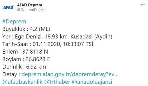 Son dakika... Kuşadası açıklarında 4.7 büyüklüğünde deprem