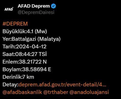 Malatyada 4.1lik deprem AFAD verileri paylaştı