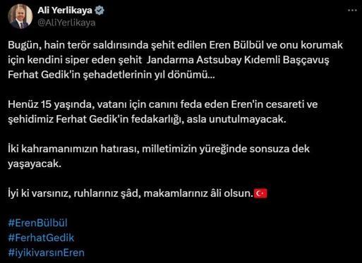 Bakan Yerlikaya, şehit Jandarma Astsubay Ferhat Gedik ile Eren Bülbülü andı: