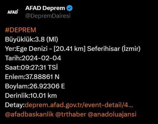 İzmir açıklarında deprem AFAD verileri paylaştı
