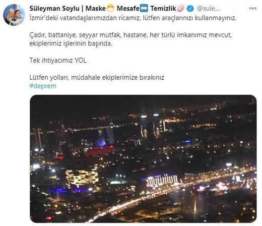 Bakan Soylu: İzmirdeki vatandaşlarımızdan ricamız, lütfen araçlarınızı kullanmayınız