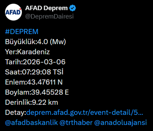 Karadenizde 4 büyüklüğünde deprem AFADdan açıklama