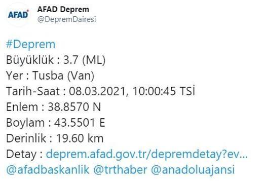Son dakika... Vanda 3.7 büyüklüğünde deprem