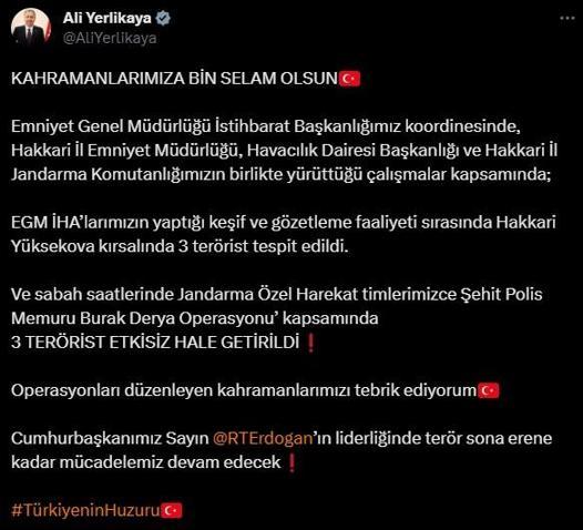 Bakan Yerlikaya açıkladı Yüksekovada terör örgütüne darbe
