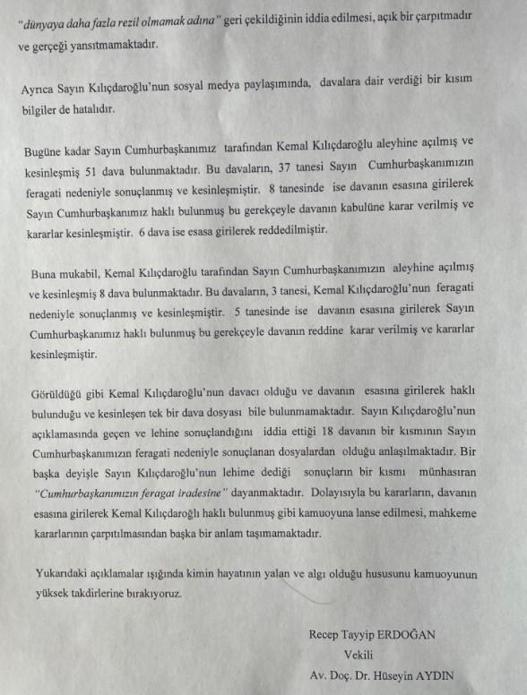 Kılıçdaroğlunun iddiasına Cumhurbaşkanı Erdoğanın avukatından yalanlama