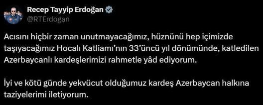 Mensaje del presidente Erdogan sobre la masacre de Jodyalí