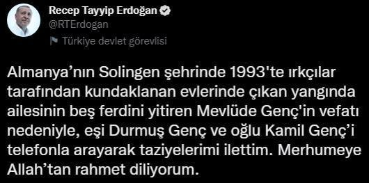 Cumhurbaşkanı Erdoğandan Mevlüde Genç için taziye