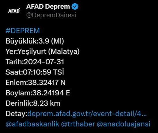 Son dakika... Malatyada 3.9 büyüklüğünde deprem