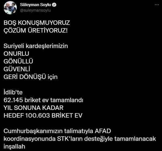 Bakan Soyludan briket ev paylaşımı: 62 bin 145i tamamlandı