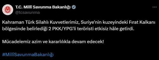 Fırat Kalkanı bölgesinde 2 PKKlı etkisiz hale getirildi