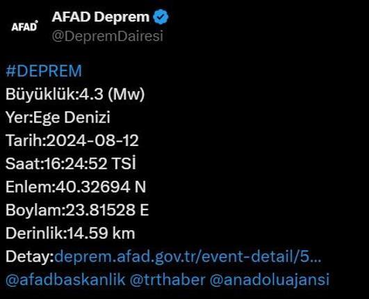 Ege Denizinde 4.3 büyüklüğünde deprem