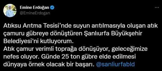 Emine Erdoğandan Şanlıurfa Büyükşehir Belediyesine kutlama mesajı