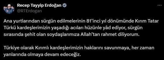 Cumhurbaşkanı Erdoğandan Kırım Tatar Sürgünü paylaşımı