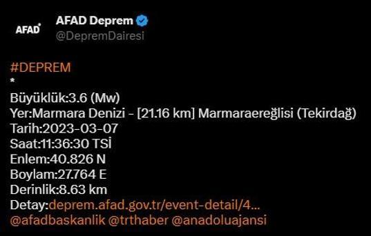 Marmara Denizinde Tekirdağ açıklarında deprem