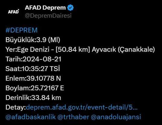 Çanakkale açıklarında 3.9 büyüklüğünde deprem