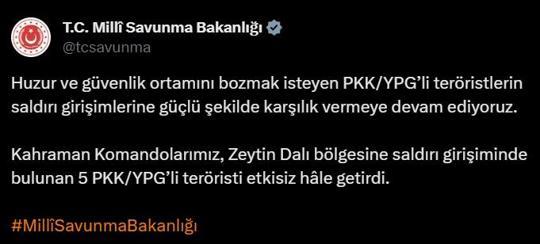 Zeytin Dalı bölgesinde 5 PKKlı etkisiz hale getirildi