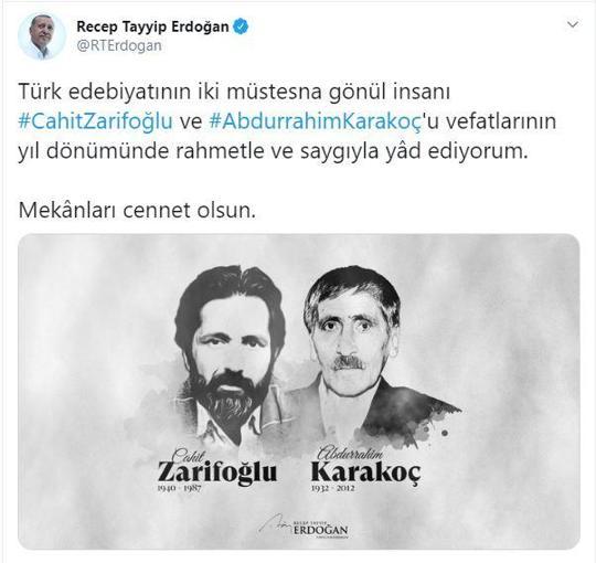 Cumhurbaşkanı Erdoğan şair Karakoç ve Zarifoğlunu andı