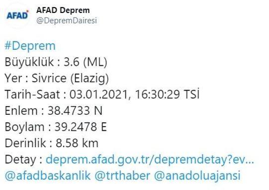 Son dakika... Elazığda 3.6 büyüklüğünde deprem