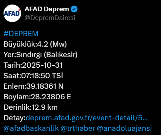 Balıkesirde 4.2 büyüklüğünde deprem