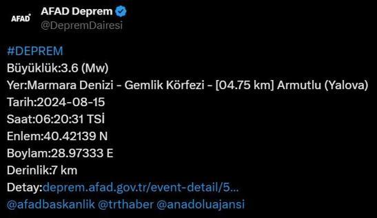 Son dakika: Marmara Denizinde 3.6 büyüklüğünde deprem