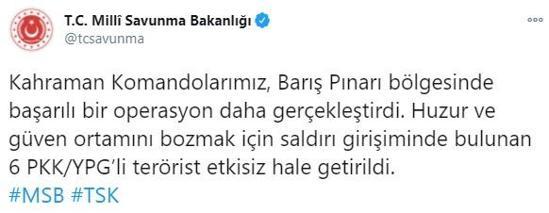 Son dakika... Barış Pınarı bölgesinde 6 terörist etkisiz hale getirildi