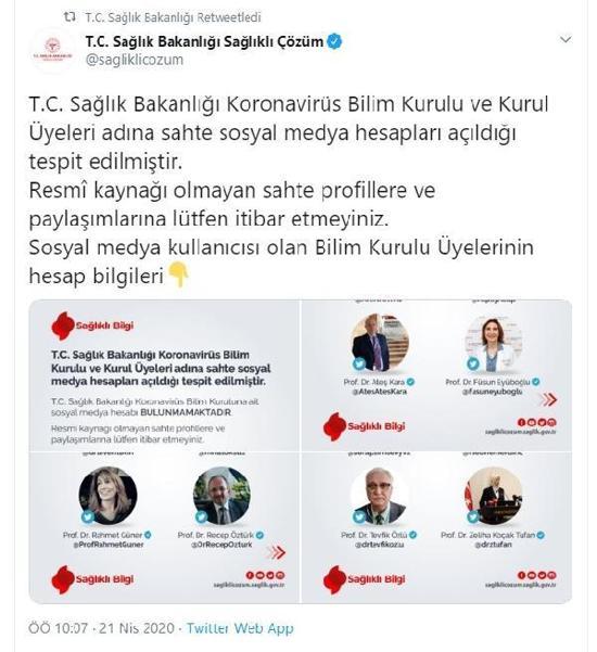 Sağlık Bakanlığından, Bilim Kurulu üyeleri için sahte hesap uyarısı